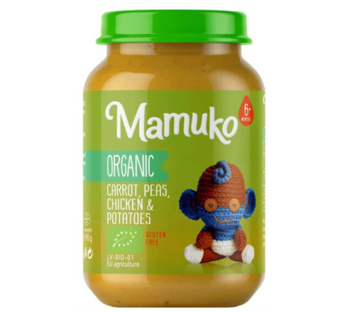  mamuko piure organic cu morcov, mazare, pui si cartofi (6 luni+ ) 190 g.