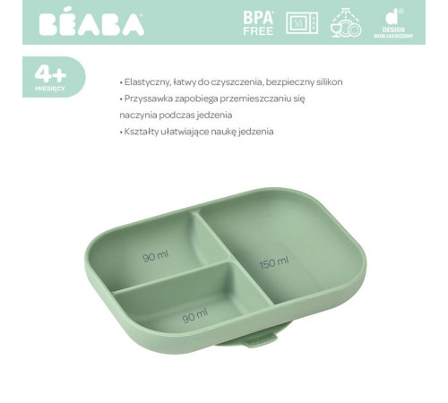 beaba 5560 farfurie silicon cu ventuză cu 3 compartimente (verde)