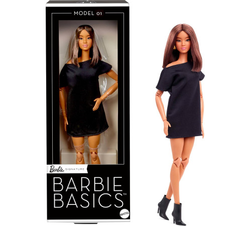 barbie jbh72 papusa "barbie basics model 01" bruneta intr-o rochie mini neagra