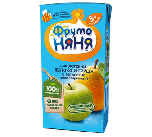 Детское питание в Молдове ФрутоНяня сок яблоко-груша с мякотью 200 мл. (5 м+)
