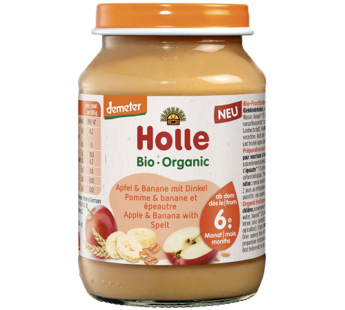 holle bio organic Пюре из яблок, бананов и спельты  (6м+) 190г.