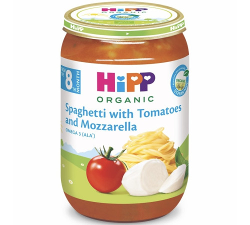 Hipp 6400 Piure de spaghete cu roșii și mozzarella (8 luni+) 220 gr.  hipp 6400 piure de spaghete cu roșii și mozzarella (8 luni+) 220 gr.
