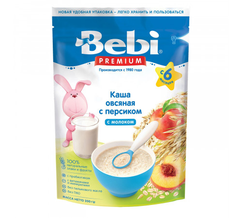 bebi premium terci de fulgi de ovaz cu lapte si piersici (5 m+) 200 gr.