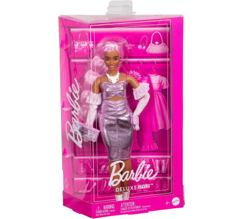 barbie hyv25 papusa "barbie deluxe style" cu părul roz într-o rochie lucioasă