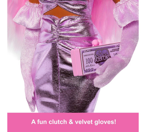 barbie hyv25 papusa "barbie deluxe style" cu părul roz într-o rochie lucioasă