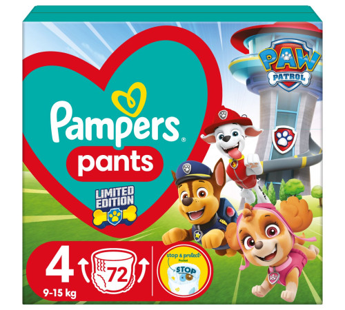 pampers pants paw patrol 4 (9-15 kg.) 72 buc.