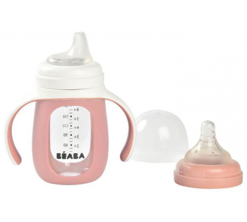 beaba 5069 biberon din sticla 2 in 1 pentru invatare (210 ml.) roz