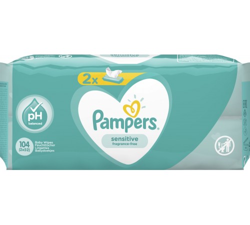 Pampers влажные салфетки Sensitive 104шт (2x52), 7345 pampers влажные салфетки sensitive 104шт (2x52), 7345
