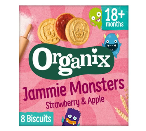  organix biscuiti bio jammie monsters capsuni si mere (18 luni+) 64 gr.