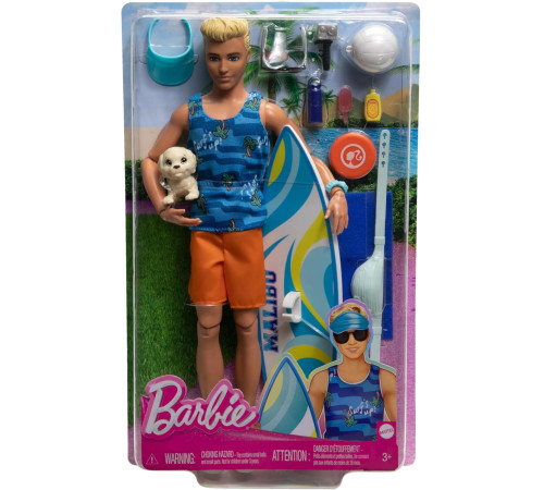 barbie hpt50 păpușă ken "fashionist" cu placă de surf