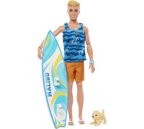 barbie hpt50 păpușă ken "fashionist" cu placă de surf