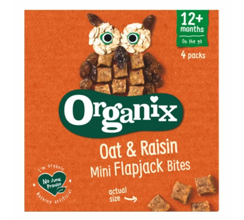  organix Кубики bio из цельнозернового овса и изюма flapjack (12 м+) 80 гр.
