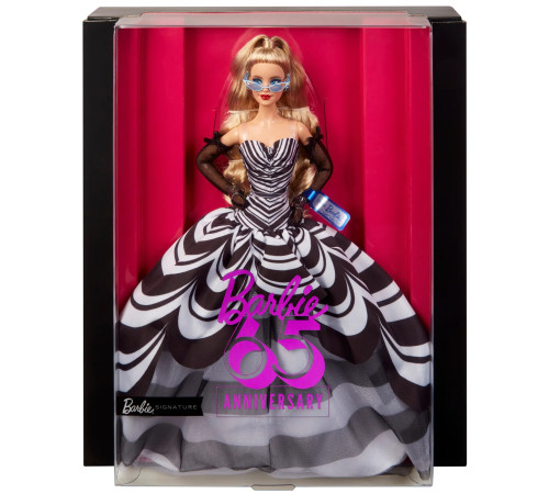 barbie hrm58 papusa de colectie "65 anniversary" blonda in rochie alb-negru