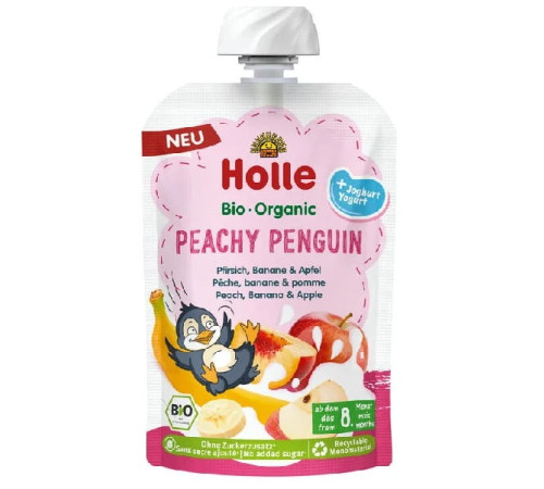 Питание и аксесcуары в Молдове holle organic Пюре peachy penguin Персик&ndash;банан&ndash;яблок&ndash;йогурт (8 м+) 100 гр.