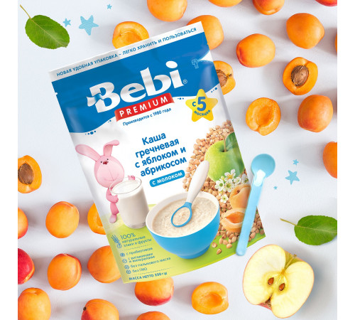 bebi premium terci de hrisca cu lapte, mere si caise (5 m+) 200 gr.