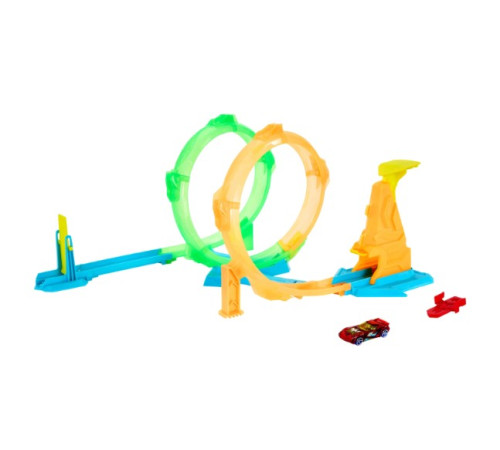 hot wheels jmg49 circuit de curse cu mașinuță "neon speeders double loop dash"