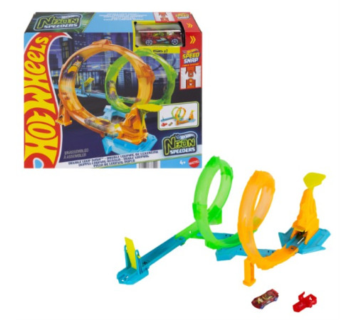 hot wheels jmg49 circuit de curse cu mașinuță "neon speeders double loop dash"