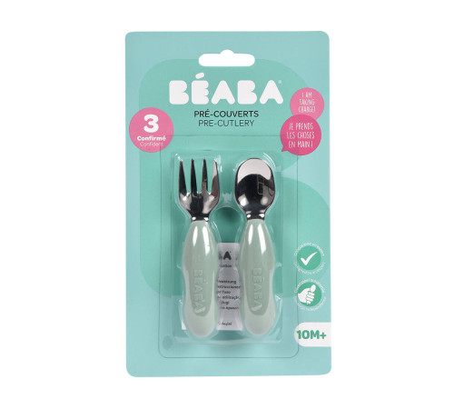 beaba set lingură și furculiță din oțel inoxidabil "first sage green" (10 luni+) b913580