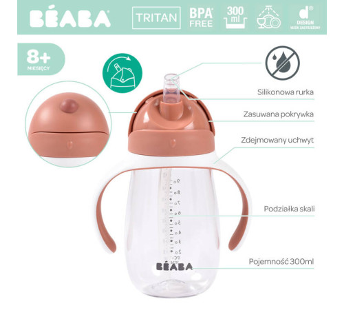 beaba cana anti-varsare cu pai 300 ml. (8 m.+) "terracotta" b913586