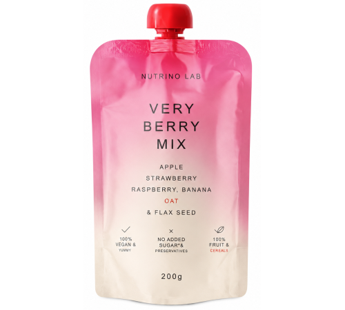  nutrino lab piure "very berry mix" măr-căpșuni-zmeură-banană cu adaos de ovăz și in (200 g)