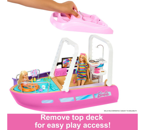 barbie hjv37 set de joacă "barbie dream boat" cu piscină, tobogan și 20 de accesorii