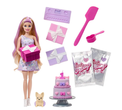 barbie jfg70 set cu papusa "petrecerea surpriza in tonuri de liliac"