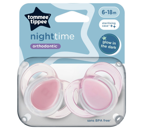  tommee tippee tt0484 Пустышка симметричная "night time" розовый (6-18 м.) 2 шт. 