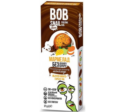  bob snail marmelada naturala "mere-mango-dovleac-chia"  în ciocolată cu lapte belgiană (27 gr.)