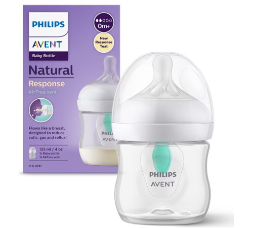 avent scy670/01 biberon natural response cu dispozitiv anticolici airfree (0 luni+) 125 ml.