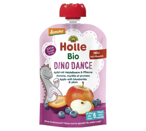 holle bio organic piure "dino dance" măr, afine, prune (6 luni+) 100 gr.