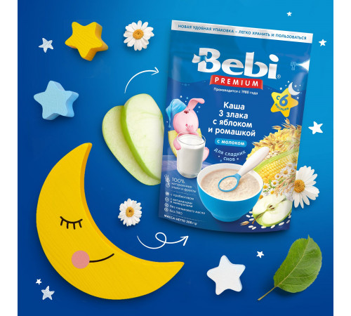 bebi premium Каша молочная ночная 3 злака с яблоком и ромашкой (6 м+) 200 гр.