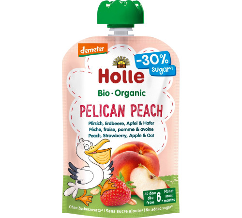  organic holle bio piure „pelican peach” piersică, căpșuni, măr și ovăz (6 luni+) 100 gr.