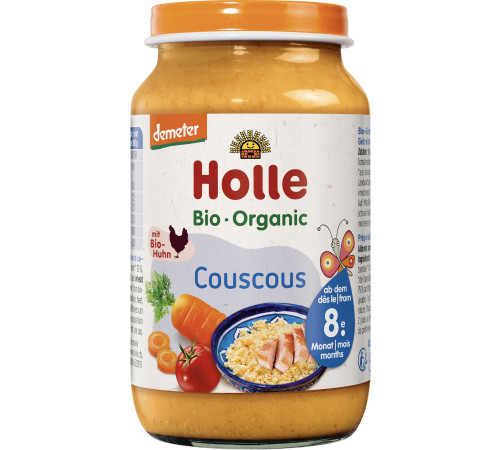 holle bio Пюре куриное, манкa, помидоры, морковь, фенхель, кускус (8м+) 220г. 