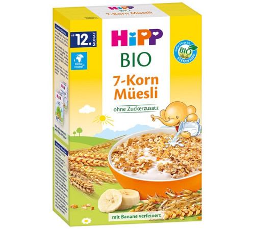 hipp 3533 muesli organic 7 cereale cu banana (12 m+) 200 gr.