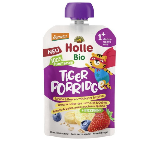 Holle Bio Organic Piure cu fulgi "Tiger Porridge" de banane, fructe de padure, ovaz, quinoa (12 luni+) 110 g  holle bio organic piure cu fulgi "tiger porridge" de banane, fructe de padure, ovaz, quinoa (12 luni+) 110 g