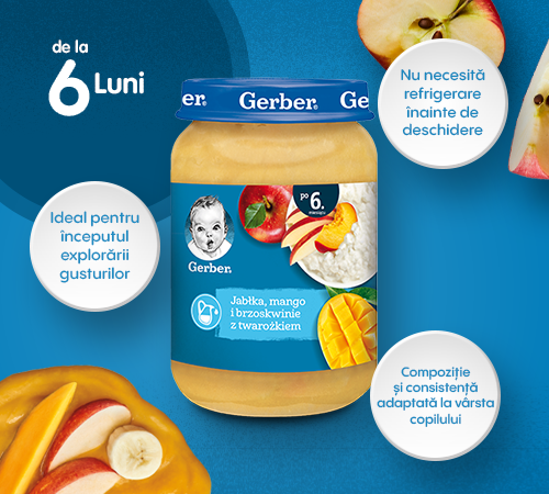 gerber piure de mere, mango și piersici cu br&acirc;nză de vaci (6 luni+) 190 gr.