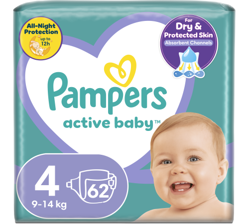 pampers active baby 4 (9-14 kg.) 62 buc.