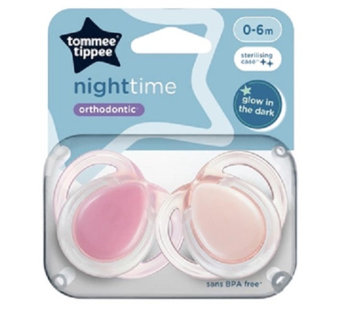 tommee tippee tt0486 suzeta simetrica "night time" roz (0-6 luni) 2 buc. 