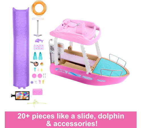 barbie hjv37 set de joacă "barbie dream boat" cu piscină, tobogan și 20 de accesorii