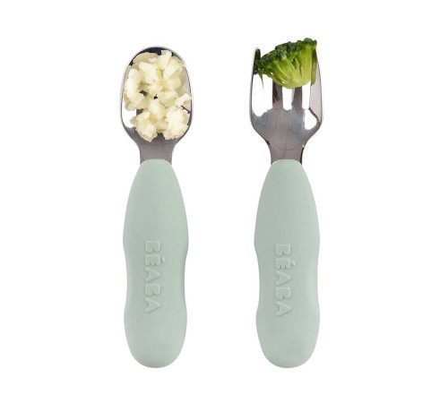 beaba set lingură și furculiță din oțel inoxidabil "first sage green" (10 luni+) b913580