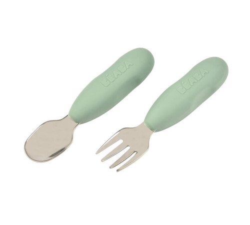 beaba set lingură și furculiță din oțel inoxidabil "first sage green" (10 luni+) b913580