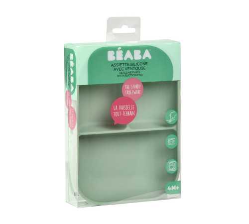 beaba 5560 farfurie silicon cu ventuză cu 3 compartimente (verde)