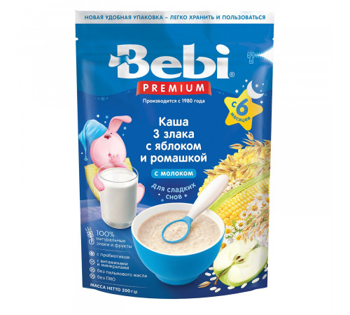  bebi premium Каша молочная ночная 3 злака с яблоком и ромашкой (6 м+) 200 гр.