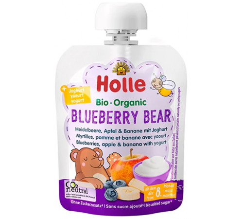 holle bio organic Пюре "blueberry bear" Черника-яблоко-банан-йогурт (8 м+) 85 гр.