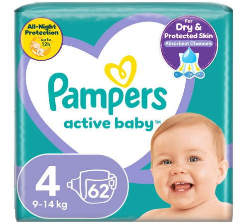 pampers active baby 4 (9-14 kg.) 62 buc.