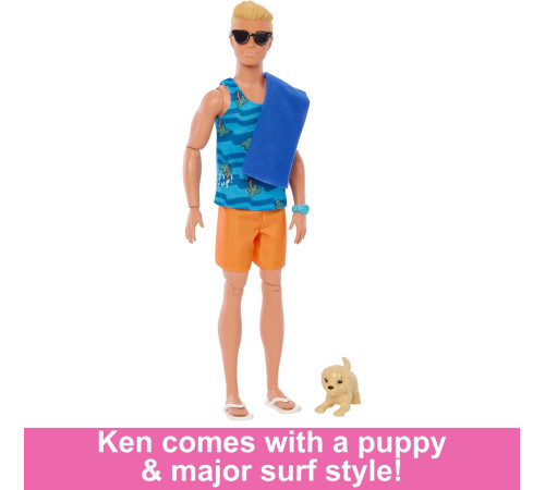 barbie hpt50 păpușă ken "fashionist" cu placă de surf