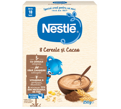  nestle terci 8 cereale si cacao fara lapte 250 gr. (18 m+)