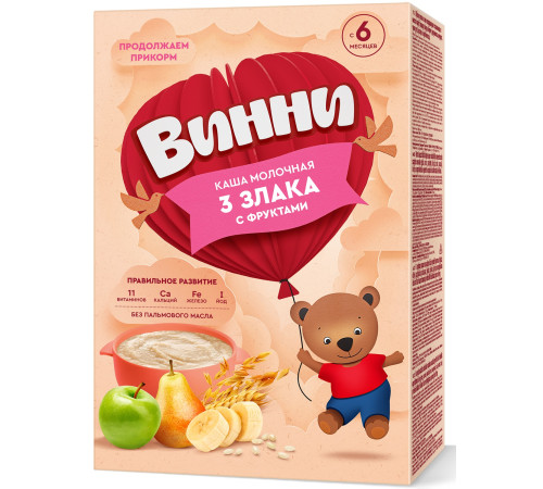 Винни terci cu lapte 3 cereale cu fructe (banane, pere, mere) (6 m +) 200 gr.