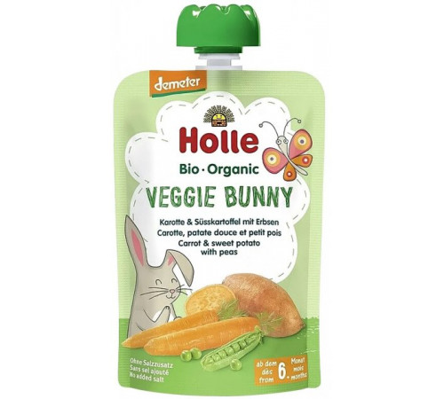  holle bio organic Пюре "veggie bunny" Морковь-сладкий картофель-горошек (6 м +) 100 гр.