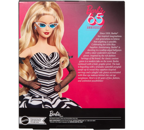 barbie hrm58 papusa de colectie "65 anniversary" blonda in rochie alb-negru